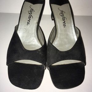 Black, low heeled dress shoes.